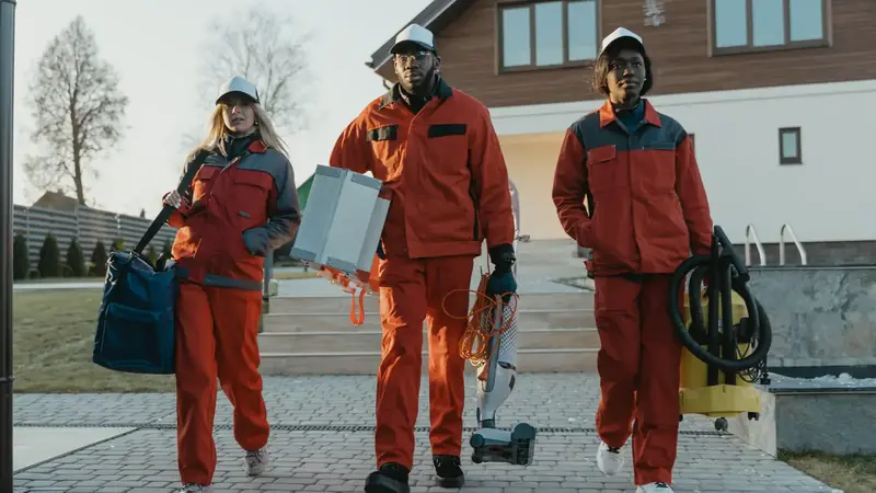 Reinigungsteam in Arbeitskleidung mit Geräten auf dem Weg zum Einsatz