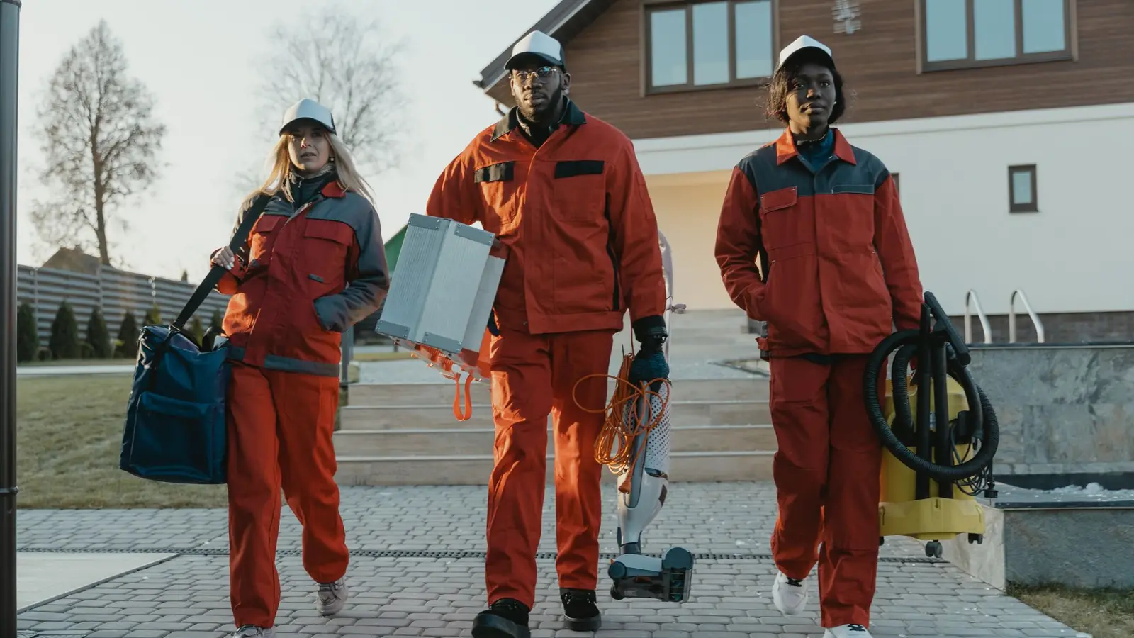 Reinigungsteam in Arbeitskleidung mit Geräten auf dem Weg zum Einsatz